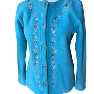 L.L.Bean Fleece Embroidered Cardigan Jacket with Detailed Silver Buttons